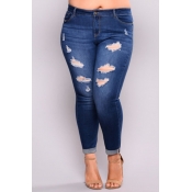 Lovely Casual Broken Holes Skinny Deep Blue Plus S