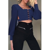 Lovely Trendy Hollow-out Backless Blue Blouse
