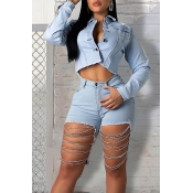 Lovely Leisure Turndown Collar Hollow-out Baby Blu