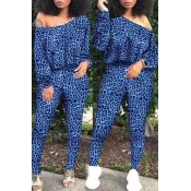 Lovely Casual Leopard Printed Blue Two-piece Pants
