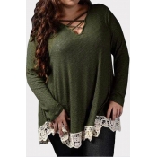 Lovely Casual Patchwork Hollow-out Green Plus Size