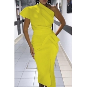 Lovely Trendy One Shoulder Yellow Mid Calf Dress
