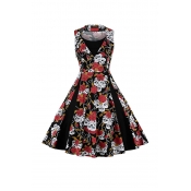 Lovely Casual Floral Printed Black Knee Length Dre