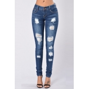 Lovely Leisure Broken Holes Blue Jeans