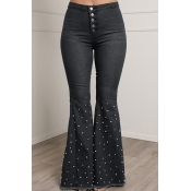 Lovely Casual High Waist Rhinestone Decoration Bla