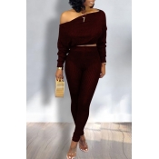 Lovely Trendy Dew Shoulder Wine Red Two-piece Pant