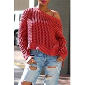 Lovely Casual Hollow-out Red Sweater