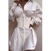 Lovely Casual Turndown Collar White Mini Dress(Wit