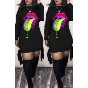 Lovely Casual Lip Printed Black Mini Dress