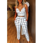 Lovely Casual Plaid Printed White Two-piece Pants 
