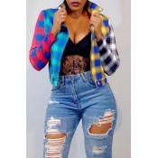 Lovely Trendy Turndown Collar Grid Printed Multico