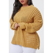 Lovely Casual O Neck Yellow Plus Size Sweater