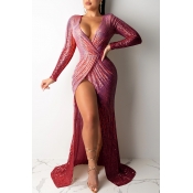 Lovely Party V Neck Ruffle Design Wine Red Prom Dr