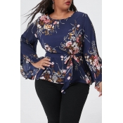 Lovely Casual Floral Printed Navy Blue Plus Size B