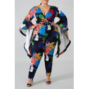 Lovely Casual Floral Printed Dark Blue Plus Size O