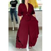 Lovely Casual Loose Wine Red Two-piece Pants Set