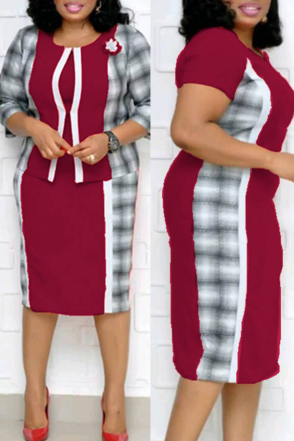 

Lovely Casual Patchwork Purplish Red Plus Size Two-piece Skirt Set