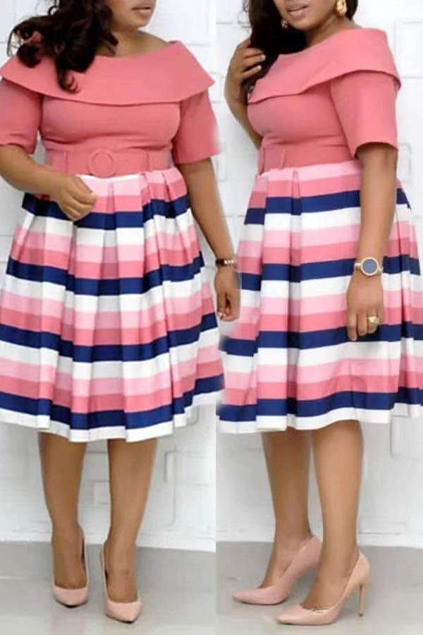 

Lovely Casual Striped Pink Knee Length Plus Size Dress