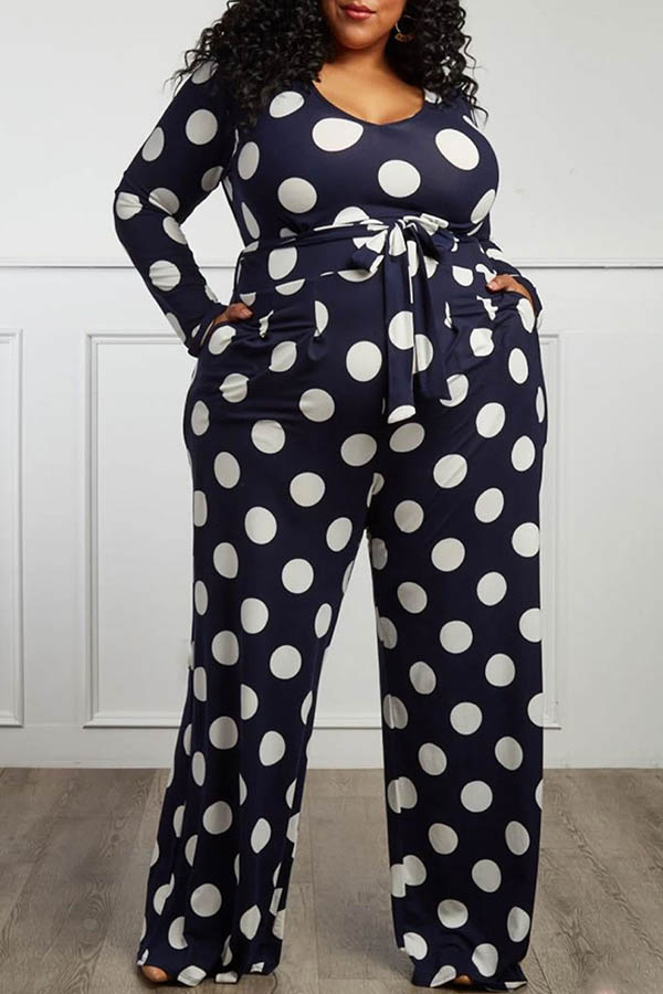 Cheap Plus Size Jumpsuit Lovely Trendy Dot Printed Dark Blue Plus Size