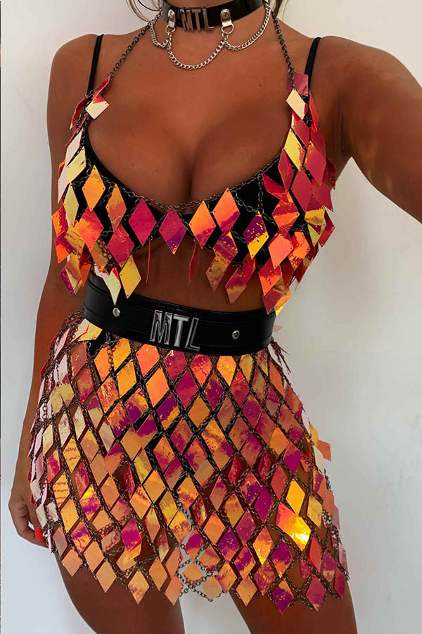 

Lovely Sexy Sequined Yellow Two-piece Skirt Set