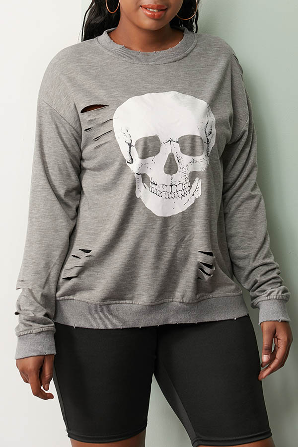 Lovely Casual Skull Printed Grey Sweatshirt