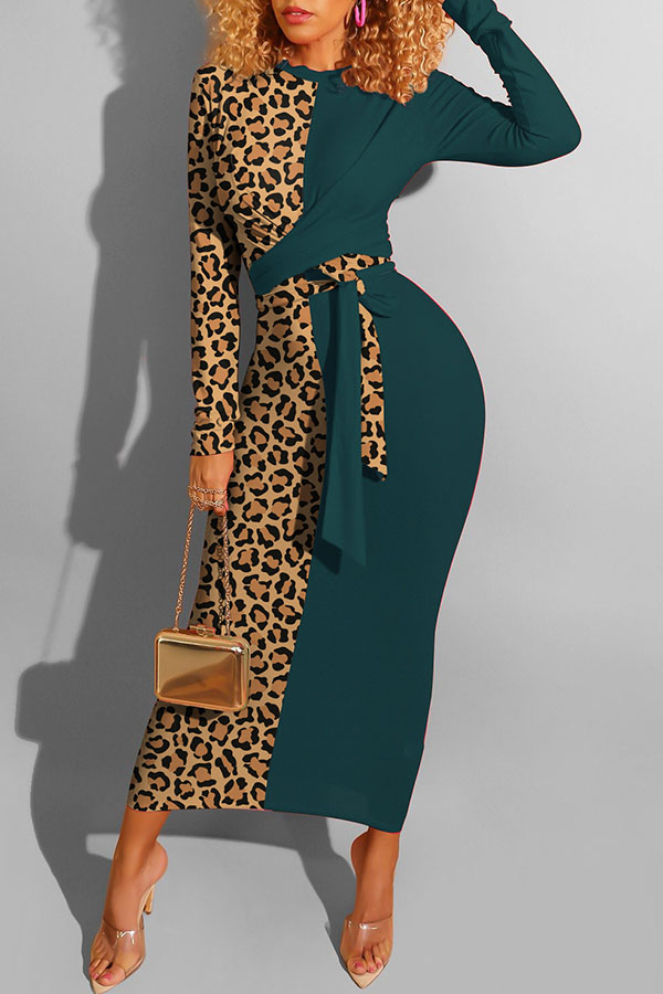 Lovely Casual Leopard Patchwork Blackish Green Ankle Length Dress