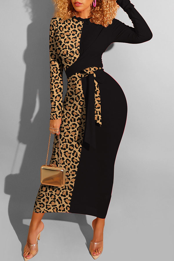 

Lovely Casual Leopard Patchwork Black Ankle Length Dress