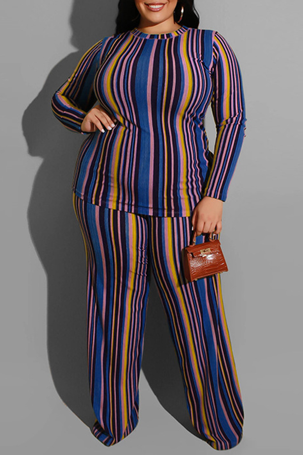 

Lovely Casual Striped Blue Plus Size Two-piece Pants Set
