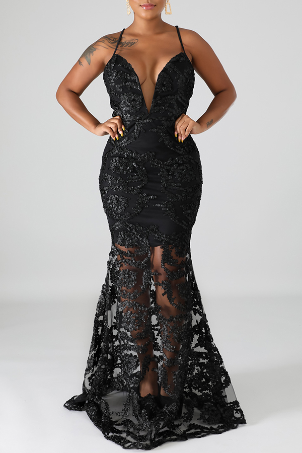 

Lovely Party Lace Patchwork Black Floor Length Trumpet Mermaid Dress
