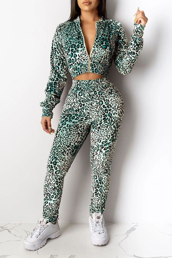 

Lovely Casual Printed Cyan Two-piece Pants Set