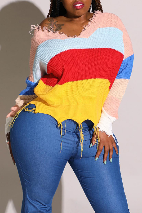 

Lovely Casual Striped Multicolor Plus Size Sweater, Pink