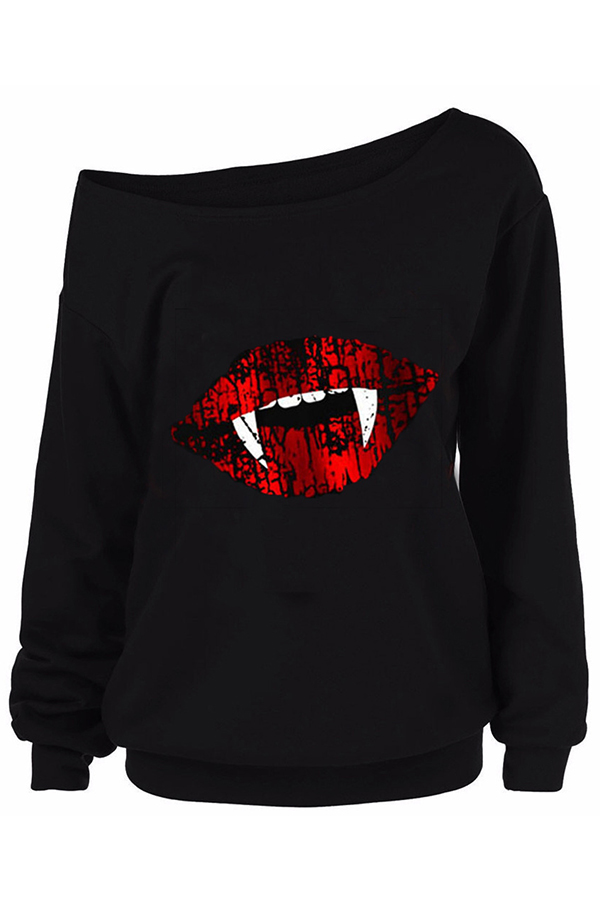 

Lovely Halloween Casual Lip Printed Black Sweatshirt Hoodie