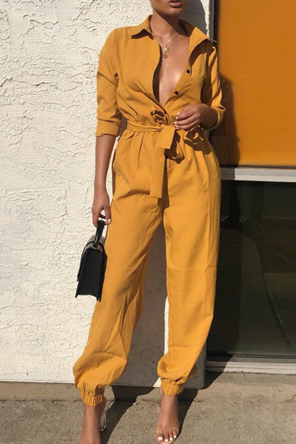 

Lovely Trendy Buttons Design Yellow One-piece Jumpsuit