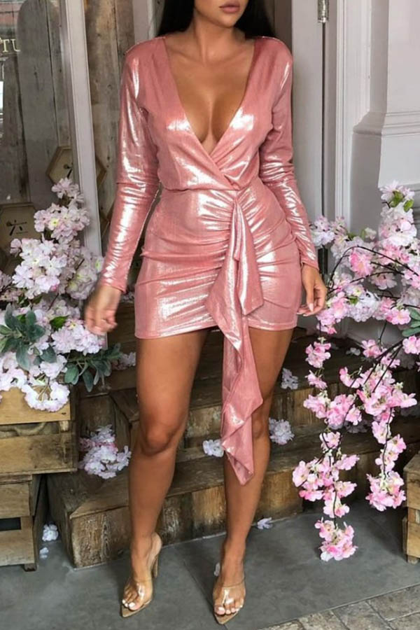 

Lovely Chic Deep V Neck Asymmetrical Pink Mini Dress