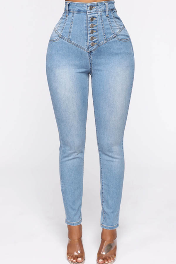 Cheap Jeans Lovely Casual Button Design Baby Blue Jeans