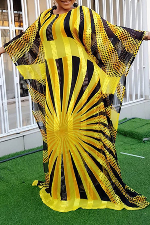 

Lovely Casual Printed Loose Yellow Floor Length Plus Size Dress
