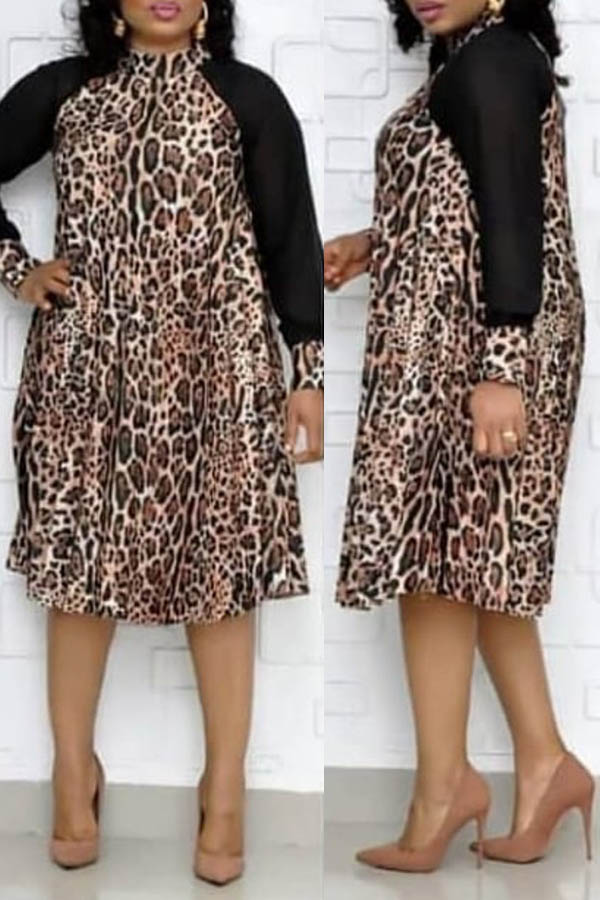 

Lovely Trendy Patchwork Leopard Printed Knee Length Plus Size Dress