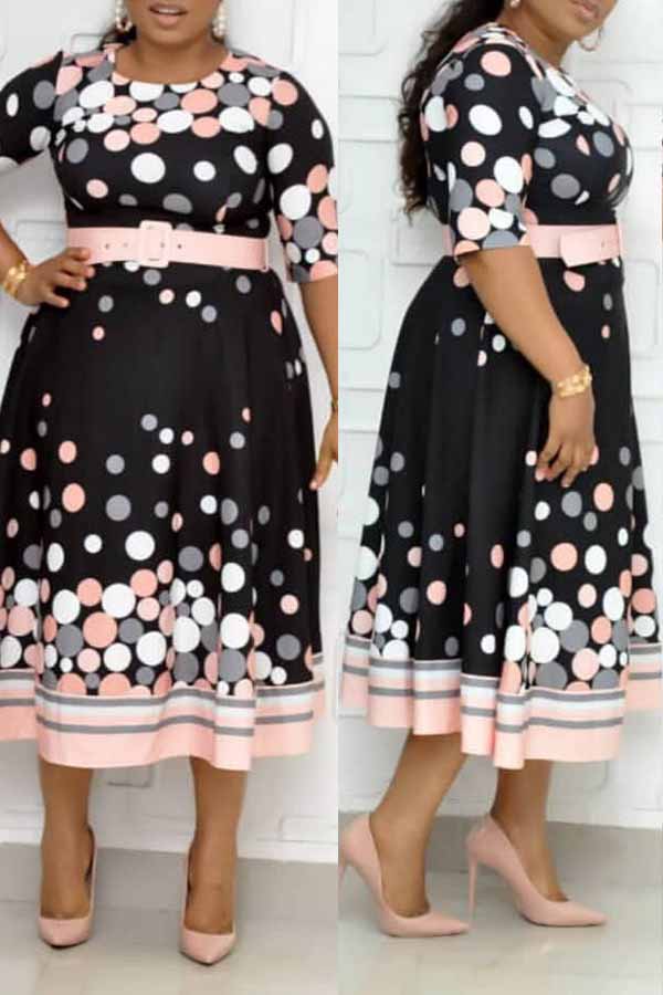 

Lovely Leisure Dot Printed Pink Mid Calf Plus Size Dress