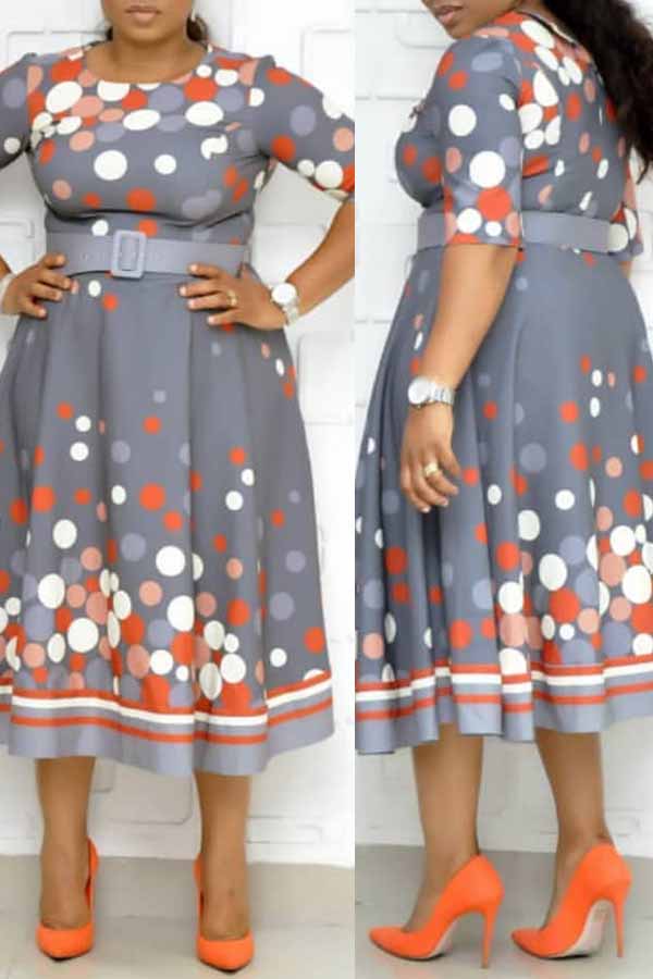 

Lovely Leisure Dot Printed Light Grey Mid Calf Plus Size Dress