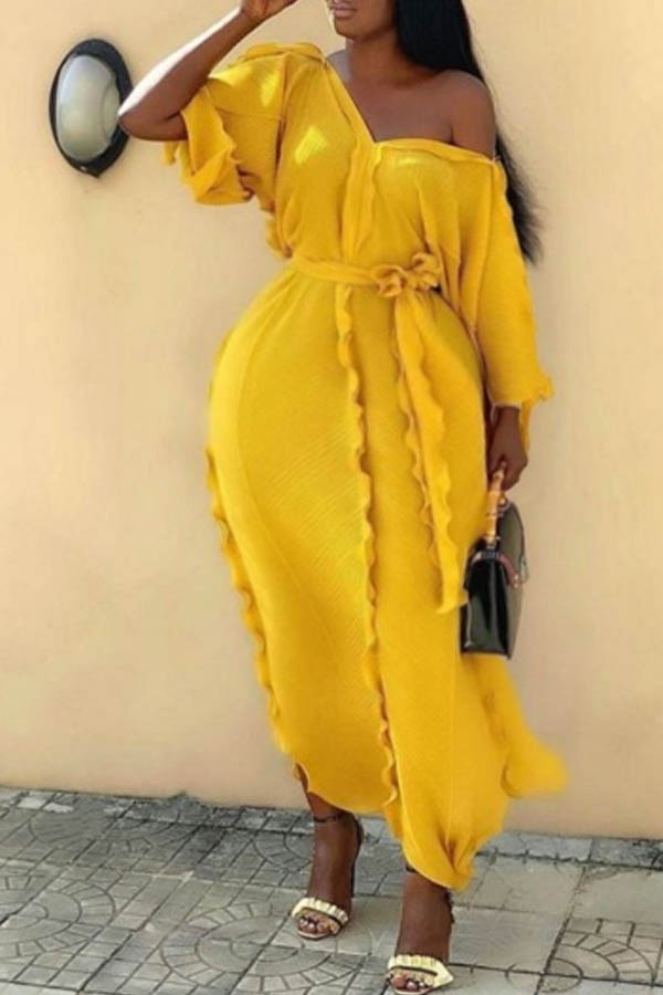 

Lovely Casual V Neck Ruffle Design Yellow Ankle Length Plus Size Dress
