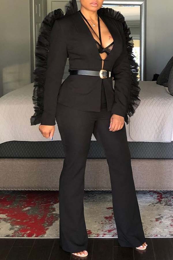 

Lovely Work V Neck Patchwork Black Two-piece Pants Set
