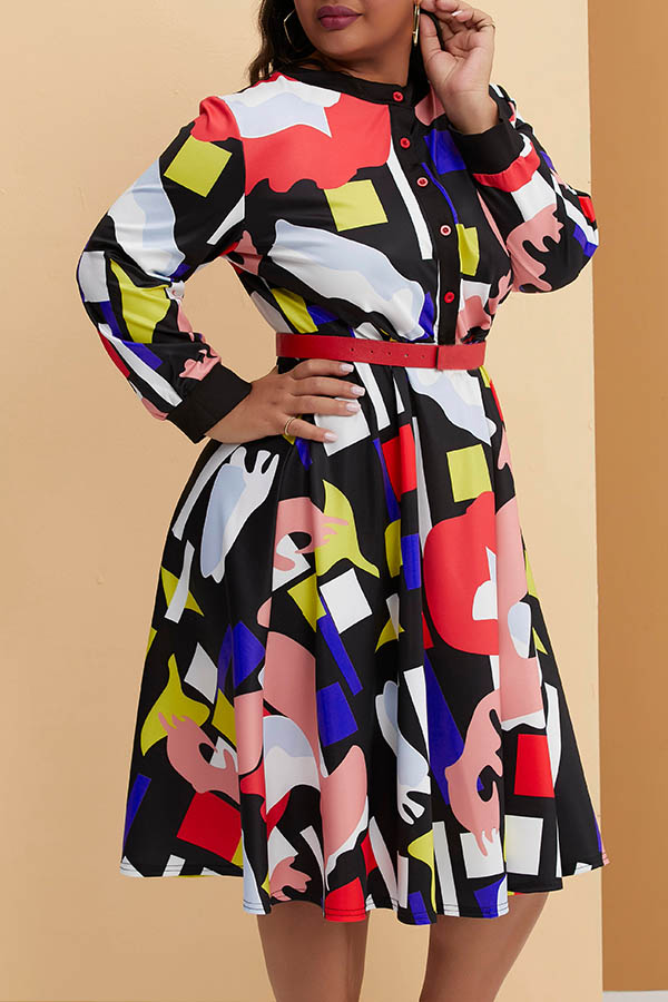 

Lovely Casual O Neck Printed Multicolor Mid Calf Plus Size Dress, Multi