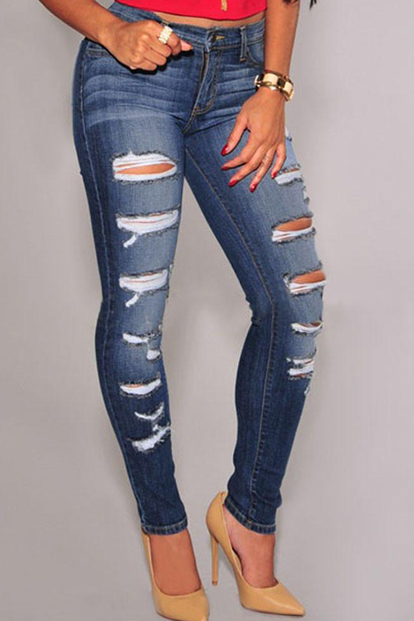 

Lovely Casual Broken Holes Baby Blue Jeans