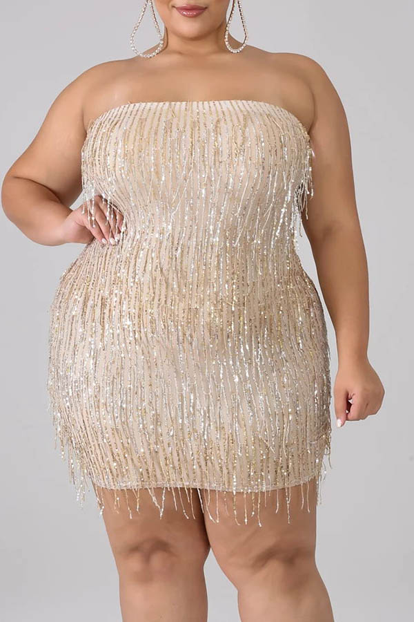 

Lovely Casual Tassel Design Apricot Plus Size Mini Sheath Dress