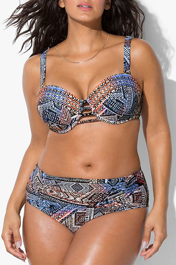 

Lovely Printed Multicolor Plus Size Two-piece Swimwear, Multi