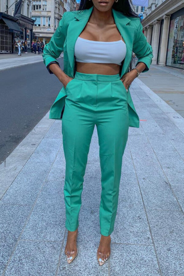 Cheap Two-piece Pants Set Lovely Trendy Turndown Collar Green Two-piec