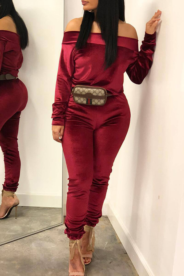 

Lovely Leisure Basic Wine Red Two-piece Pants Set