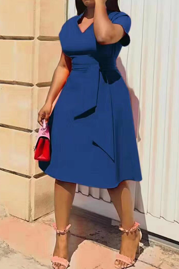 

Lovely Casual V Neck Asymmetrical Blue Knee Length Plus Size Dress