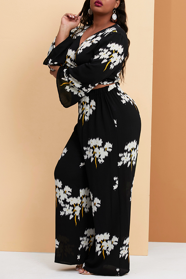 

Lovely Casual Printed Black Plus Size Two-piece Pants Set