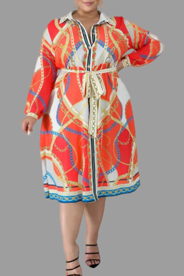 

Lovely Casual Turndown Collar Printed Jacinth Knee Length Plus Size Dress